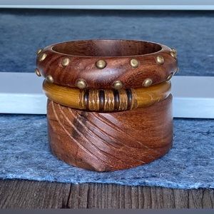 Lot Of 3 Vintage Carved Wood Bangle Bracelets